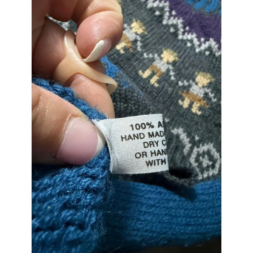 The Alpaca Connection Handmade Peru Wool Fair Isle People Sweater Blue L